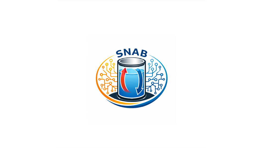 SNAB logo featuring a cylindrical server with red and blue arrows, circuit patterns, and circular design.